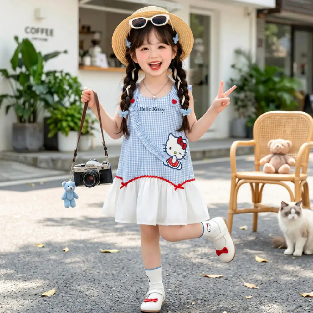 

Sanrio Hello Kitty Korean Style Girls Sleeveless Vest Dress Summer Cartoon Cat Dress Little Girl Princess Children's Clothing