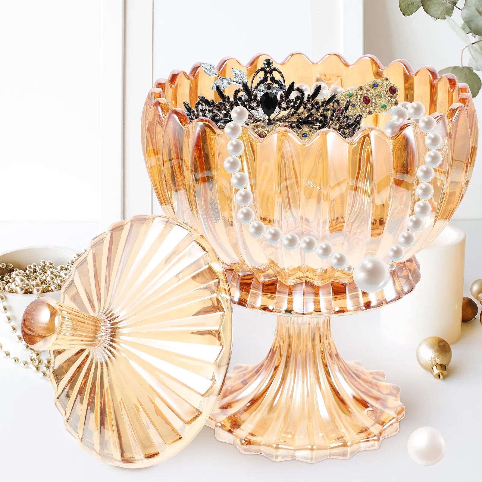 

Amber Embossed Glass Storage Jar Glass Jewelry Jar Candy Holder Sealed Lid Large Mouth Kitchen Snack Holder Home Snack Holders