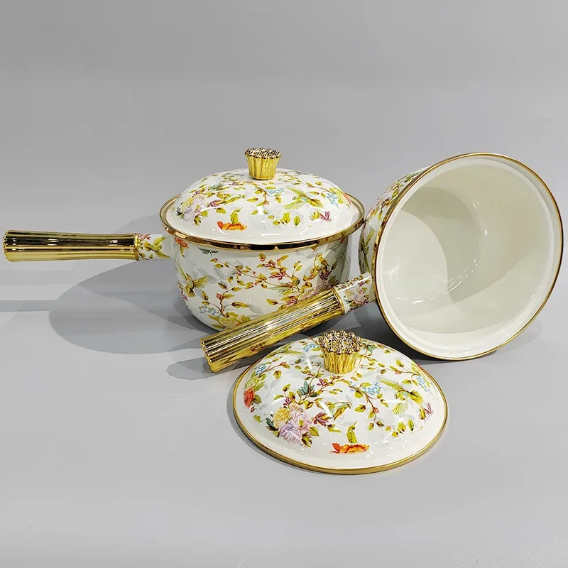 Enamel Milk Pot with Lid Kitchen Pots Single Gold Handle Stockpot Thickened Enamel Cookware One-Person Ramen Pot Saucepan