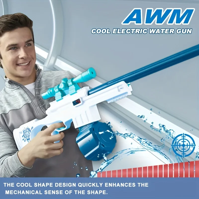最新の大型電動水鉄砲 AWM、最大 30 フィートの範囲までの自動水鉄砲、600CC 大容量マガジン