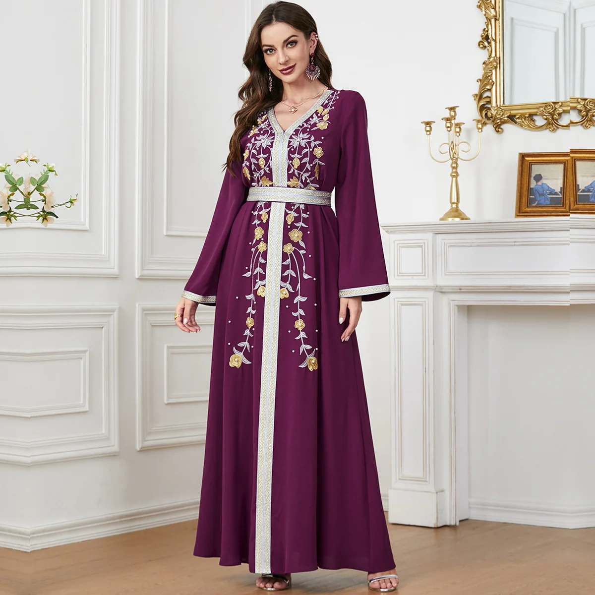 3332 2023 Muslim Autumn/Winter New Abaya Women's Fashion Embroidered Bead Dress