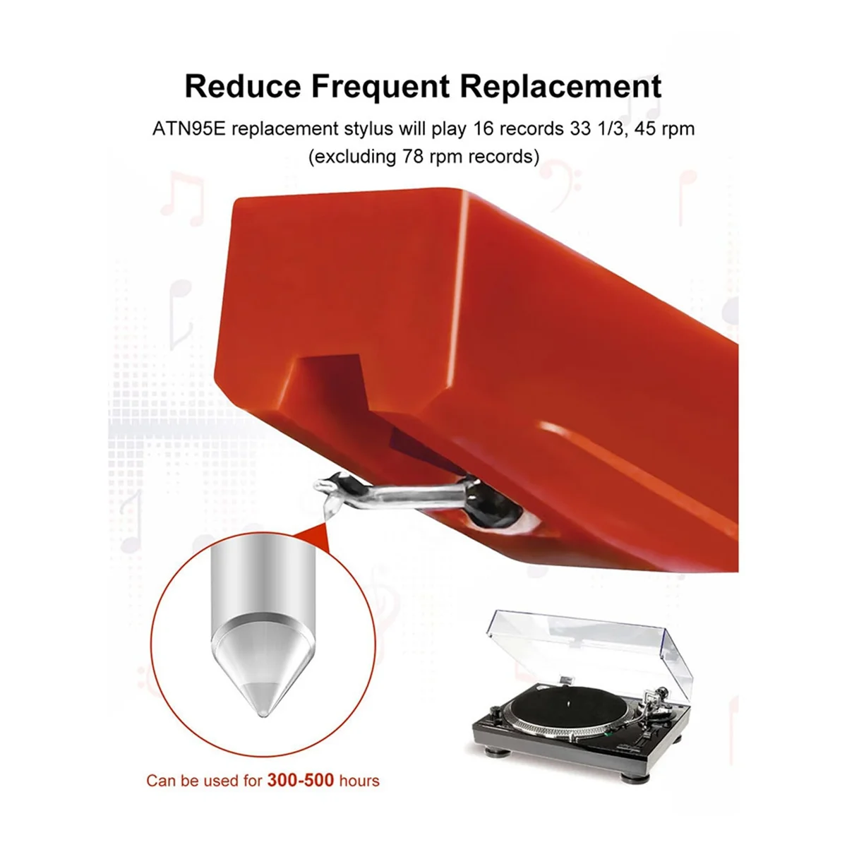 Record Player Needle Diamond ATN95E Replacement Stylus for AT-LP120-USB & Various AT-Model Turntables Red