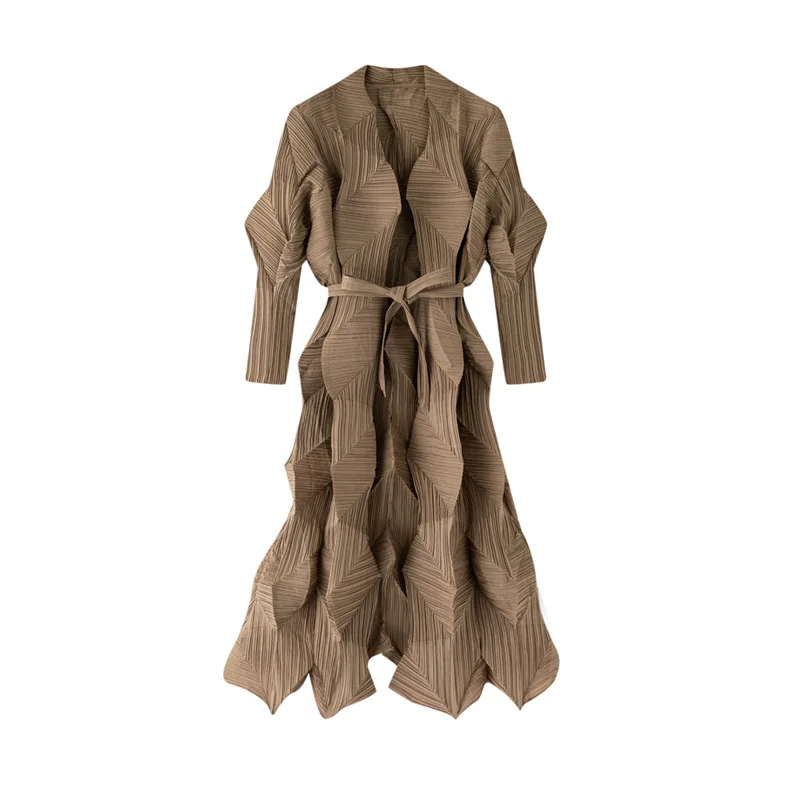 

Miyake Pleated Women Bandage Long Trench Coat 2023 Autumn Lapel Solid Color Open Stitch Long Sleeve Designer Luxury Clothes