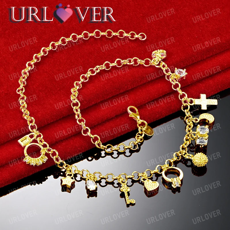 URLOVER 18K Gold Necklaces 925 Sterling Silver Key/Heart/Moon/Star/Ring Chain Necklace For Woman Fashion Party Wedding Jewelry