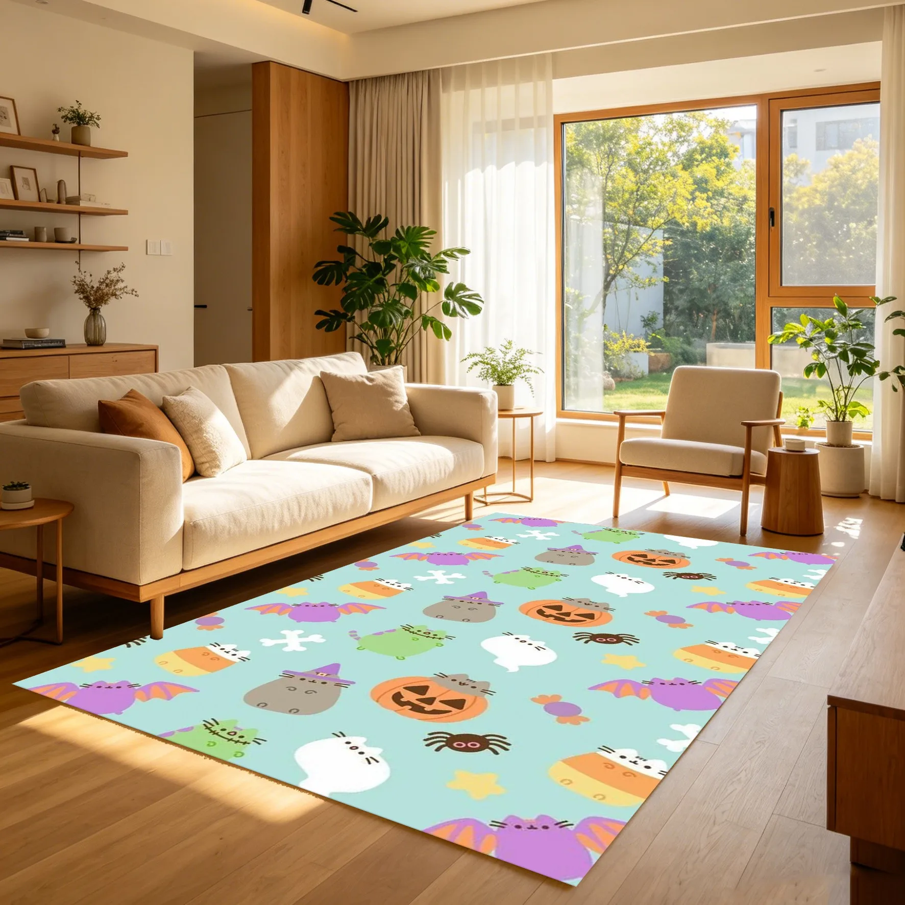 2D Large Carpet with Halloween Pumpkin Ghost Black Cat All-Over Cartoon Print Fun Bright and Eye-Catching Creating a Spooky Atmosphere