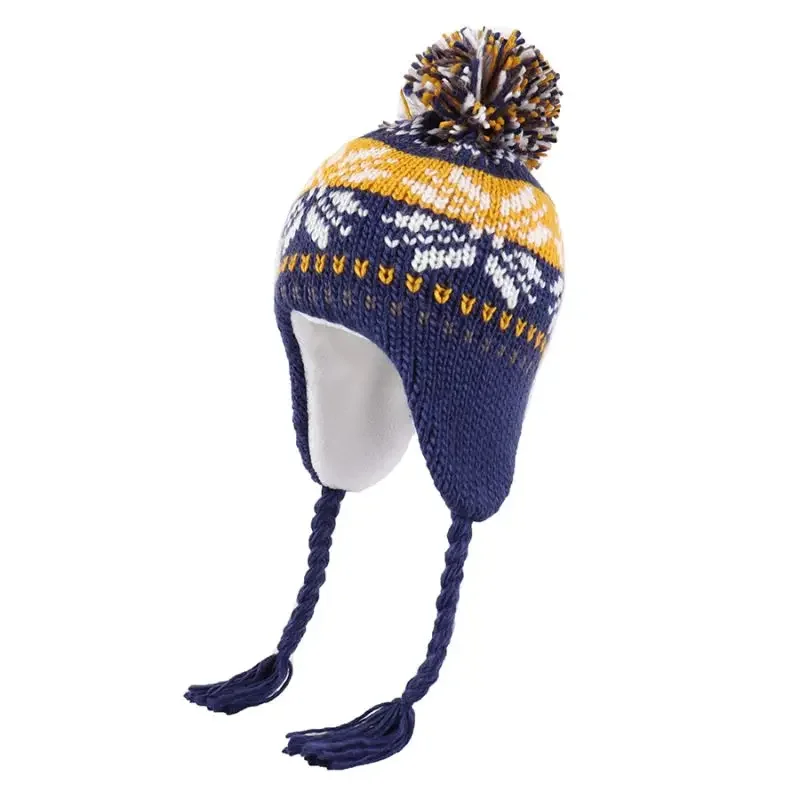 Children Winter Knitted Hat Windproof Big Pompom Beanie With Earflap Thermal Plush Kids Bonnet Cap Thick Fleece Snowflake Cap