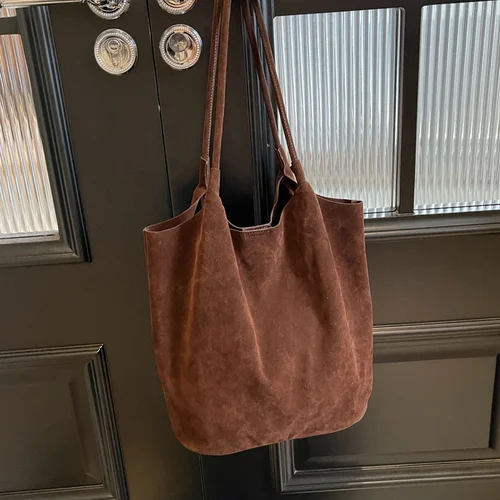 Bolso de mano de gamuza Retro para mujer, bolsos de hombro informales lisos con textura para ir al trabajo, bolsos de compras de gran capacidad para Otoño e Invierno