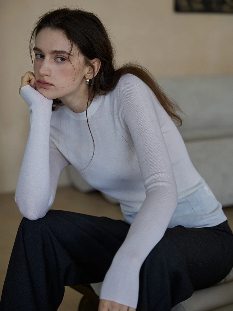 Camiseta de Punto de Manga Larga de Lana Merino Masbello para Mujer, Corte Ajustado, Cuello Redondo, Cálida para Otoño e Invierno, Color Sólido