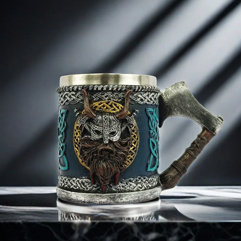 Viking Bull Horn Character, mug, axe handle, large capacity, beer mug, bar mug