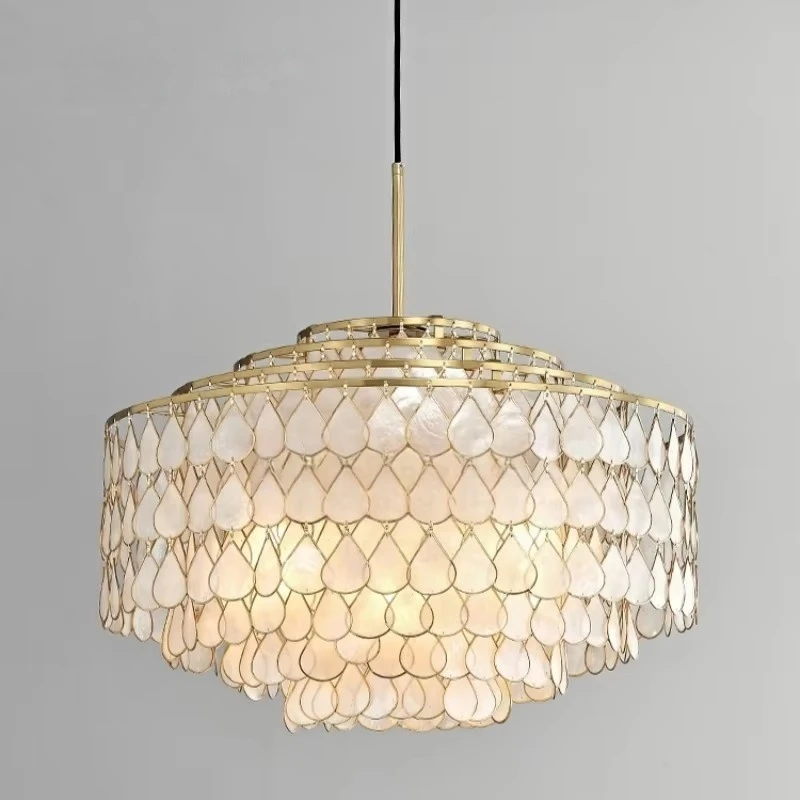 

French Light Luxury Copper Edge Shell Chandelier Vintage Retro High-end Living Room Study Restaurant Bedroom Lamps