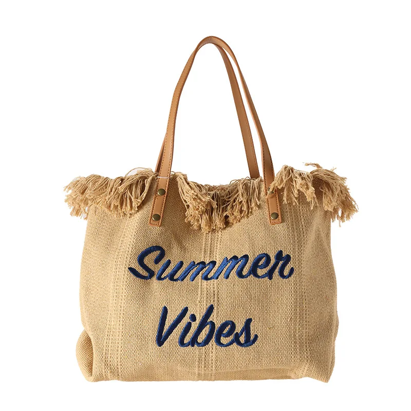 

Women Embroidery Canvas Tote Simple Family Messenger Mommy Beach Bag Fashion Large Capacity Tassel Designer Shoulder Bag