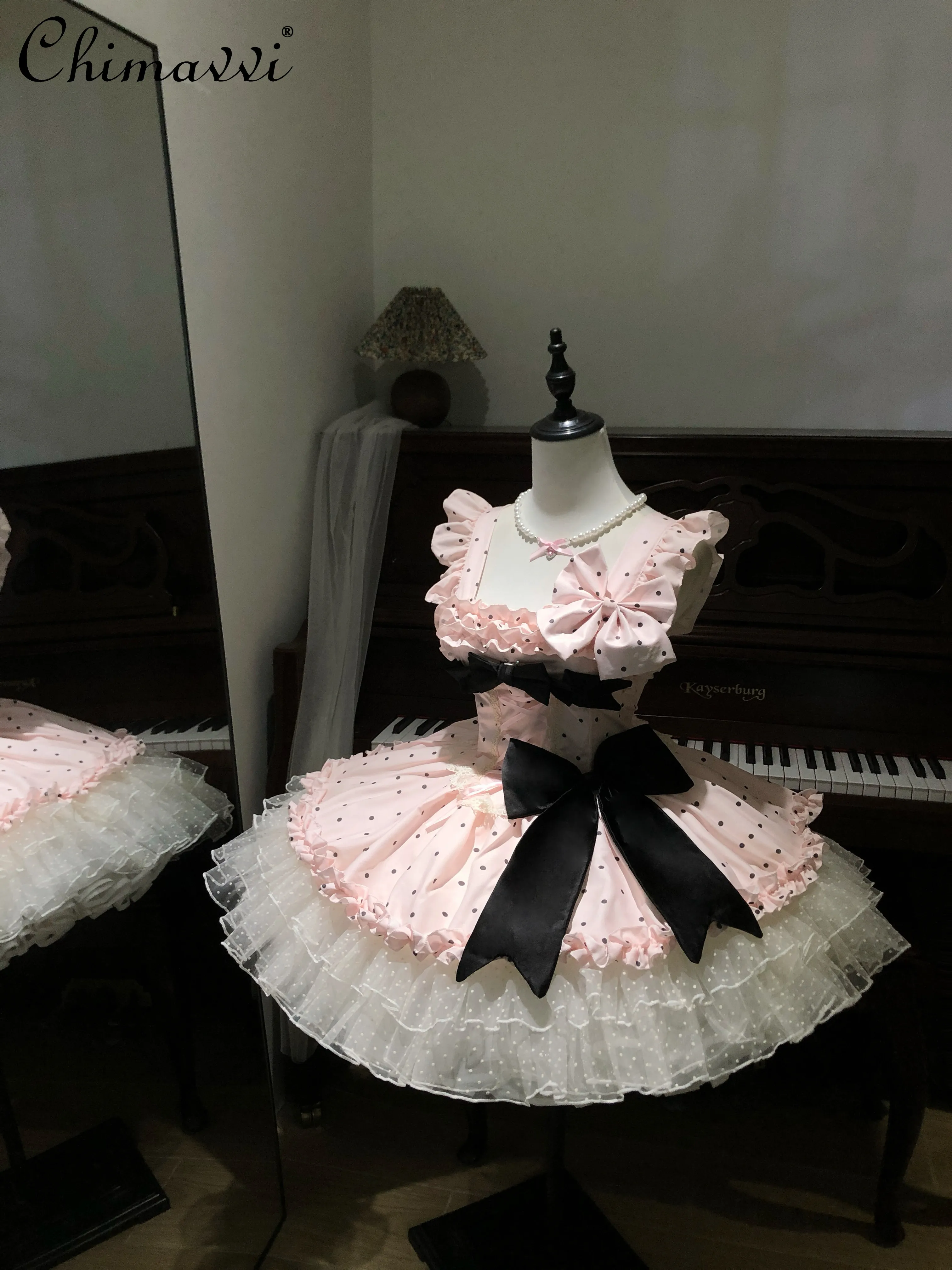 

Original Design Lolita Dress Sweet Girls Cinched Waist Fishbone Slim Fluffy Polka-dot Dress Birthday Party Princess Short Dress