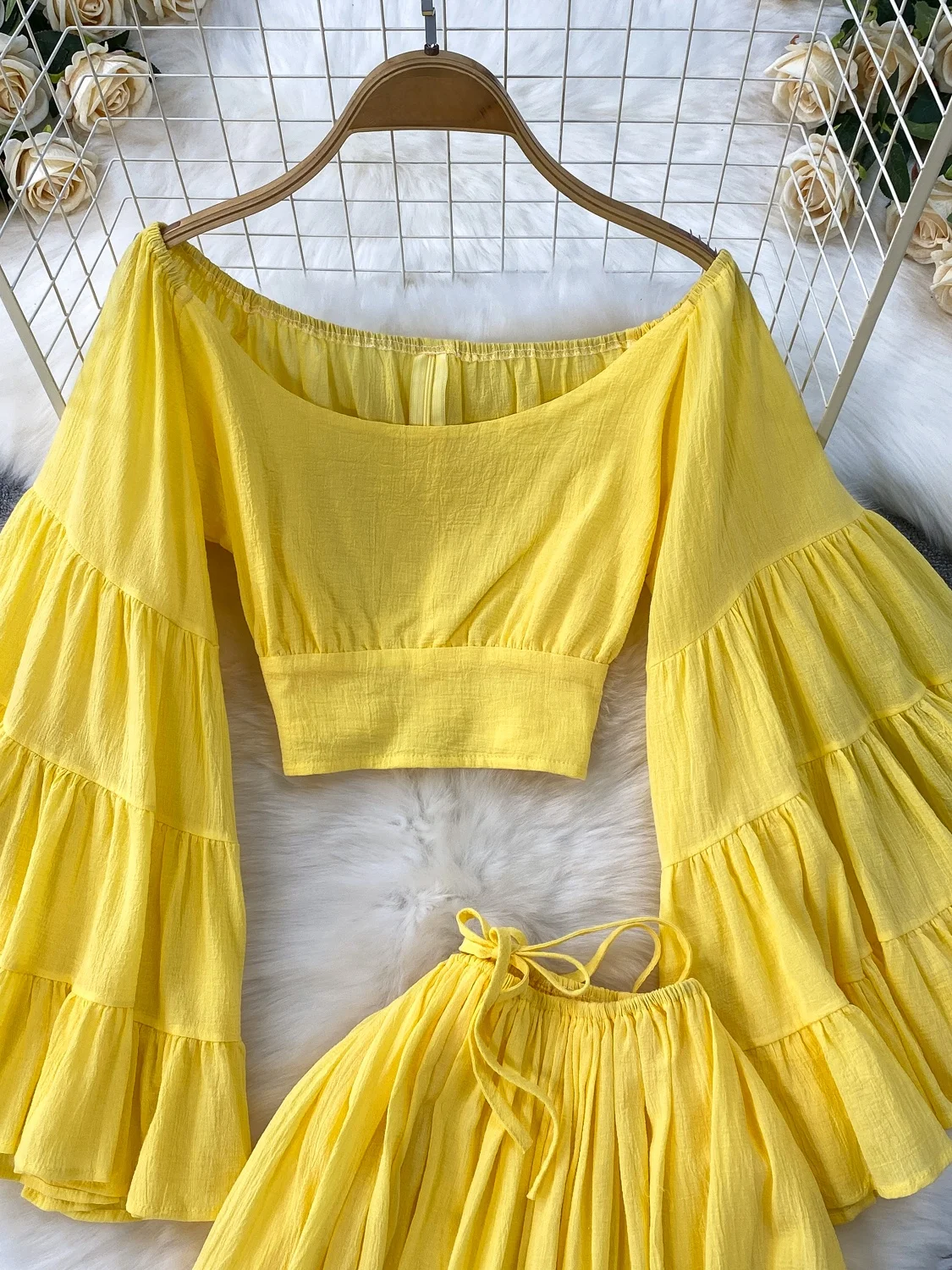 

Sexy One-oulder Flared Sve ort Top Women's Summer High Waist Slim Fit f Skirt Two-Piece Set Faionable Casual Outfit