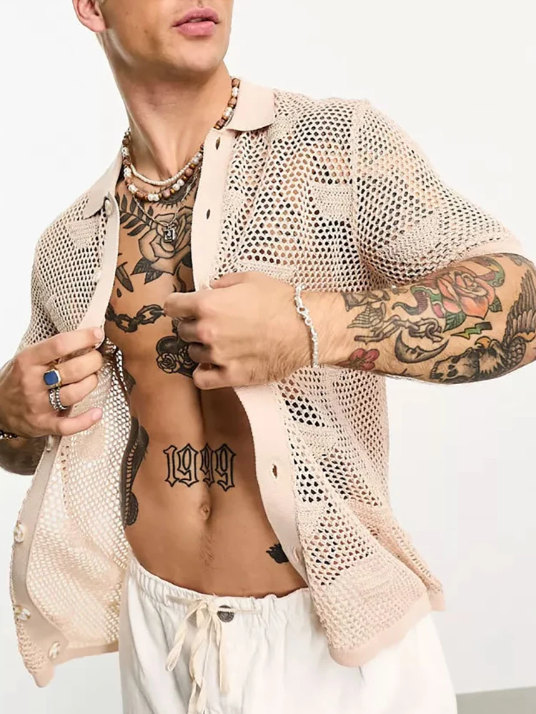 

Hollow Out Patchwork Mesh Male Clothes Streetwear Loose Casual Men Short Sleeve Top Spring Summer Single Breasted Khaki Shirts