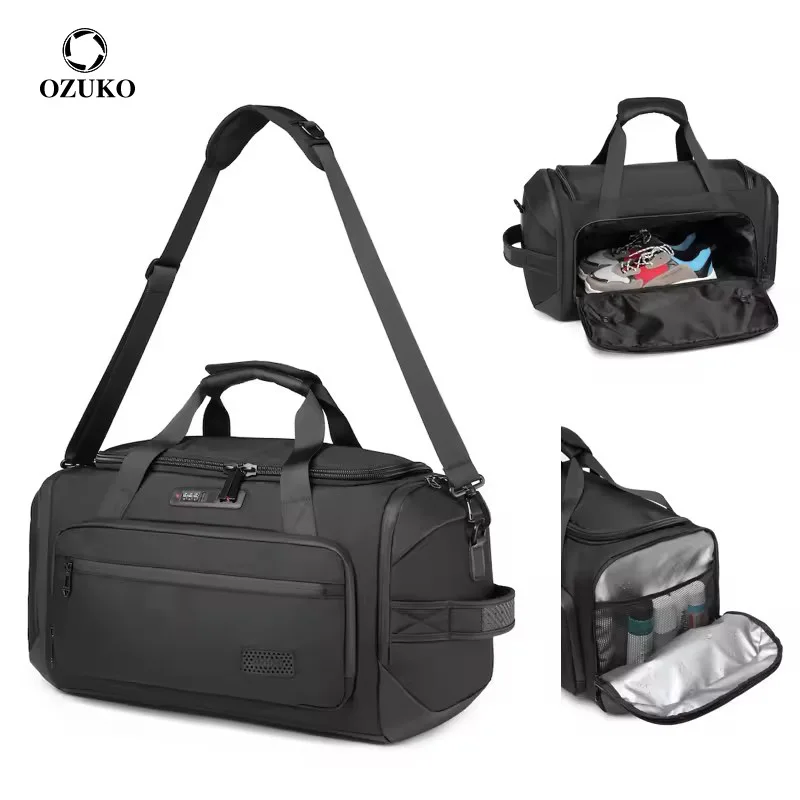 OZUKO-Sacs de sport étanches pour hommes, sacs de voyage de grande capacité, sacs à main de gymnastique multifonctions avec sac à chaussures, sac portable pour court voyage, 55L