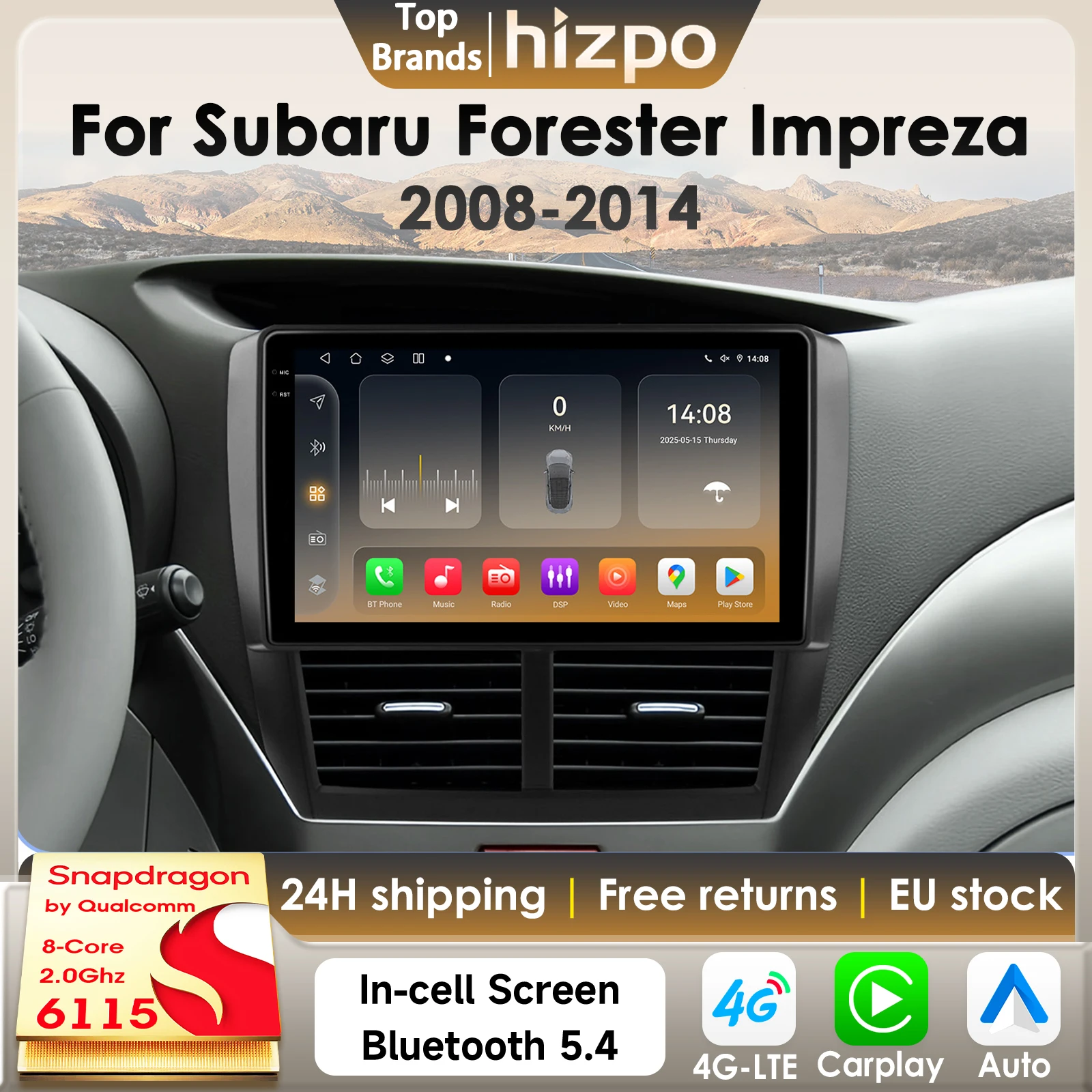 Hizpo 8Core Android 14 Intelligentes Autoradio für Subaru Forester Impreza 2008-2014 CarPlay GPS DSP 4G BT5.4 von Snapdragon 6115