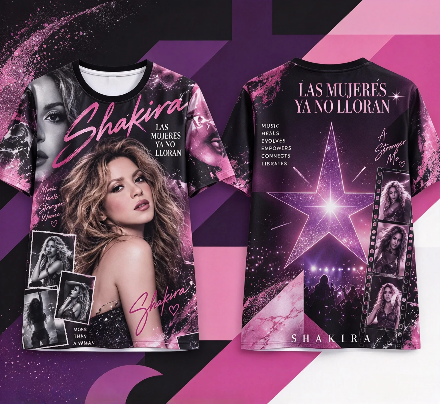Shakira Portrait Front Back Print T Shirt, Retro Latin Music Star Full Print Tee, Concert Fan Gift Top