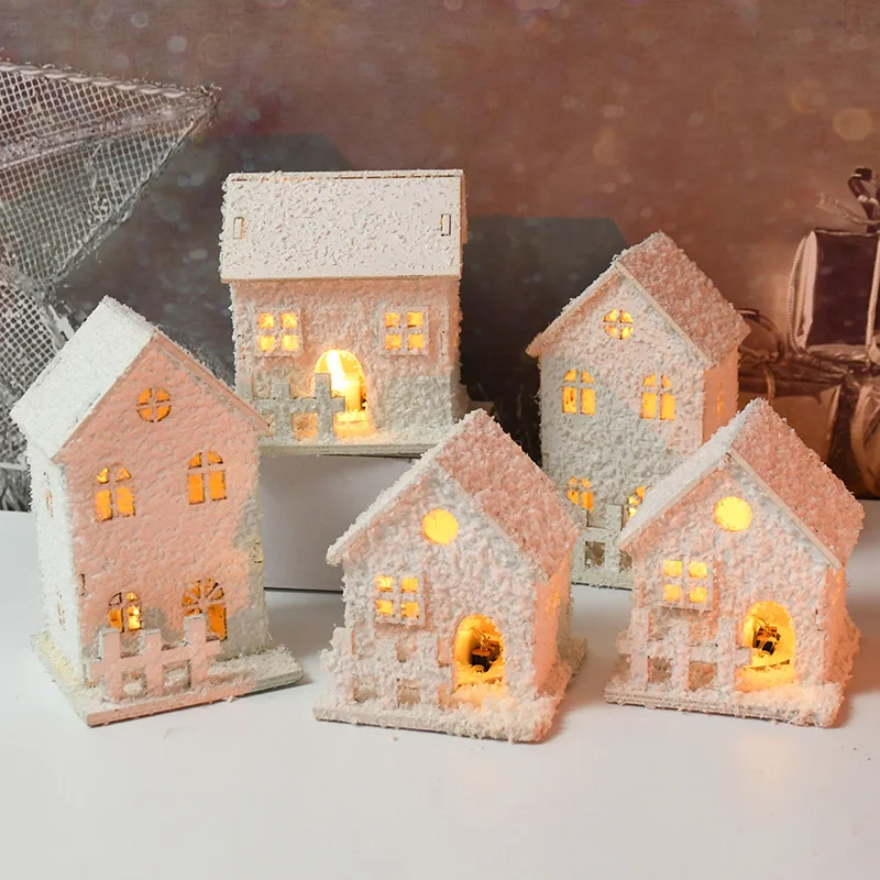 Christmas LED Light House Luminous Wooden Cabin Ornament Snow Scene Village Christmas Decoration For Home New Year Kids Gifts