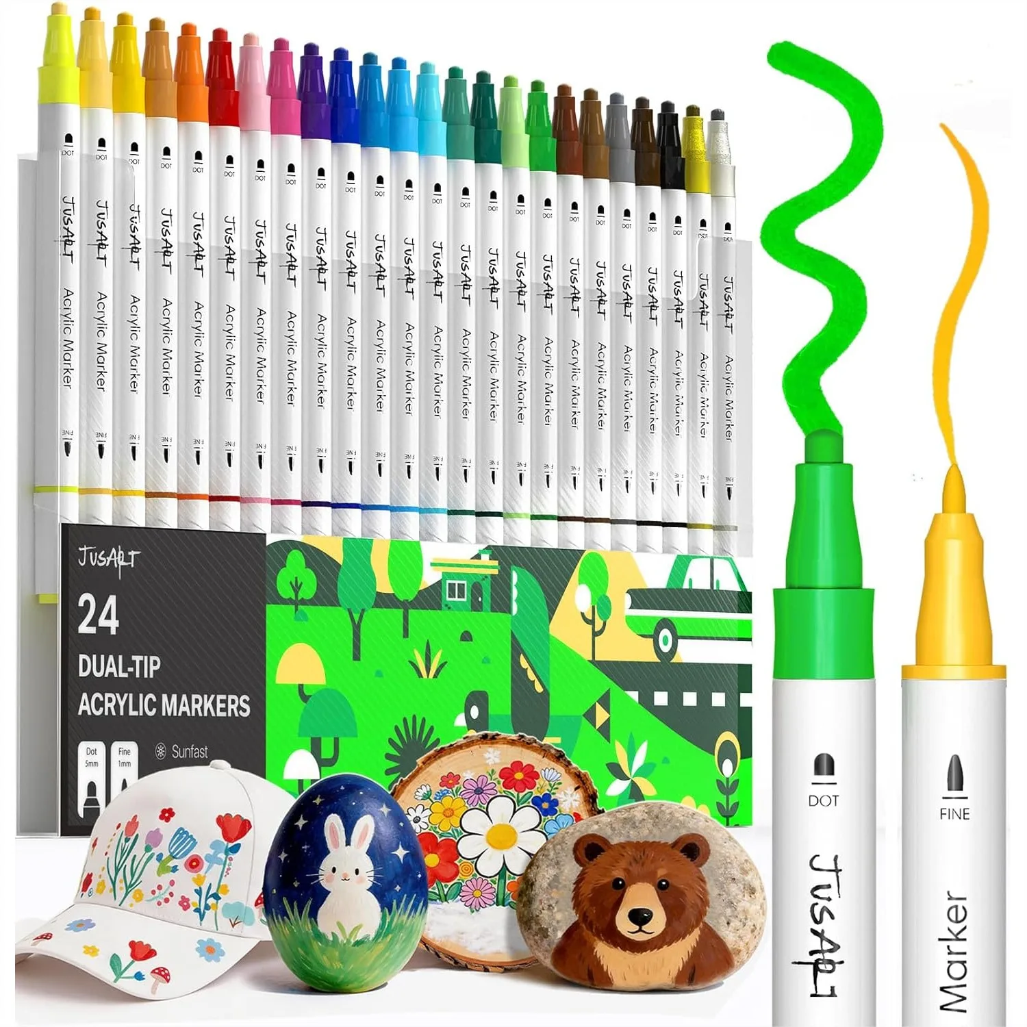

24 Colors Acrylic Paint Markers, Dual Tip Coloring Pens with Dot and Fine Tip for Rock, Fabric, Wood, Glass, Canvas, DIY Crafts