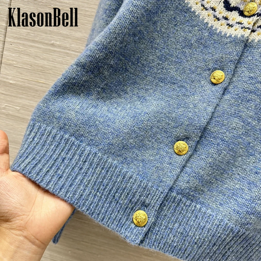 9.28 KlasonBell Women Autumn Winter New Contrast Color Letter Print O-Neck Gold Button Cardigan Wool Knit Short Sleeve Sweater