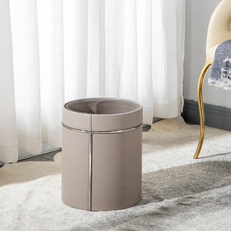 

Stainless Steel Leather Waste Bin, Luxury Home Trash Can, Modern Large Capacity Bedroom Dustbin, Stylish 2024 Design