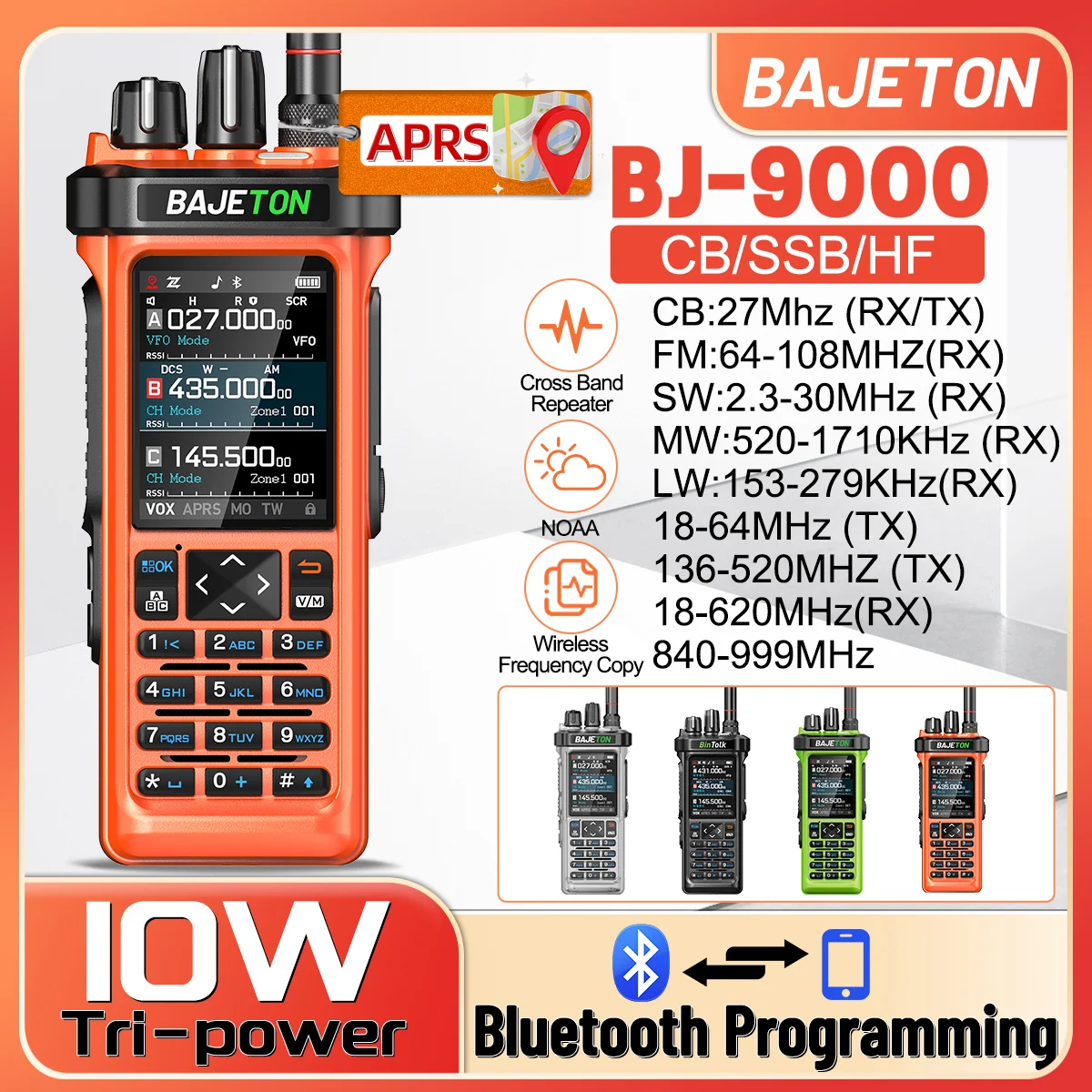 BAJETON BJ-9000 Walkie Talkie CB 27Mhz CB SSB HF APRS GPS Bluetooth 10W Long Range Cross Band Repeater For RT-950 Ham Radio