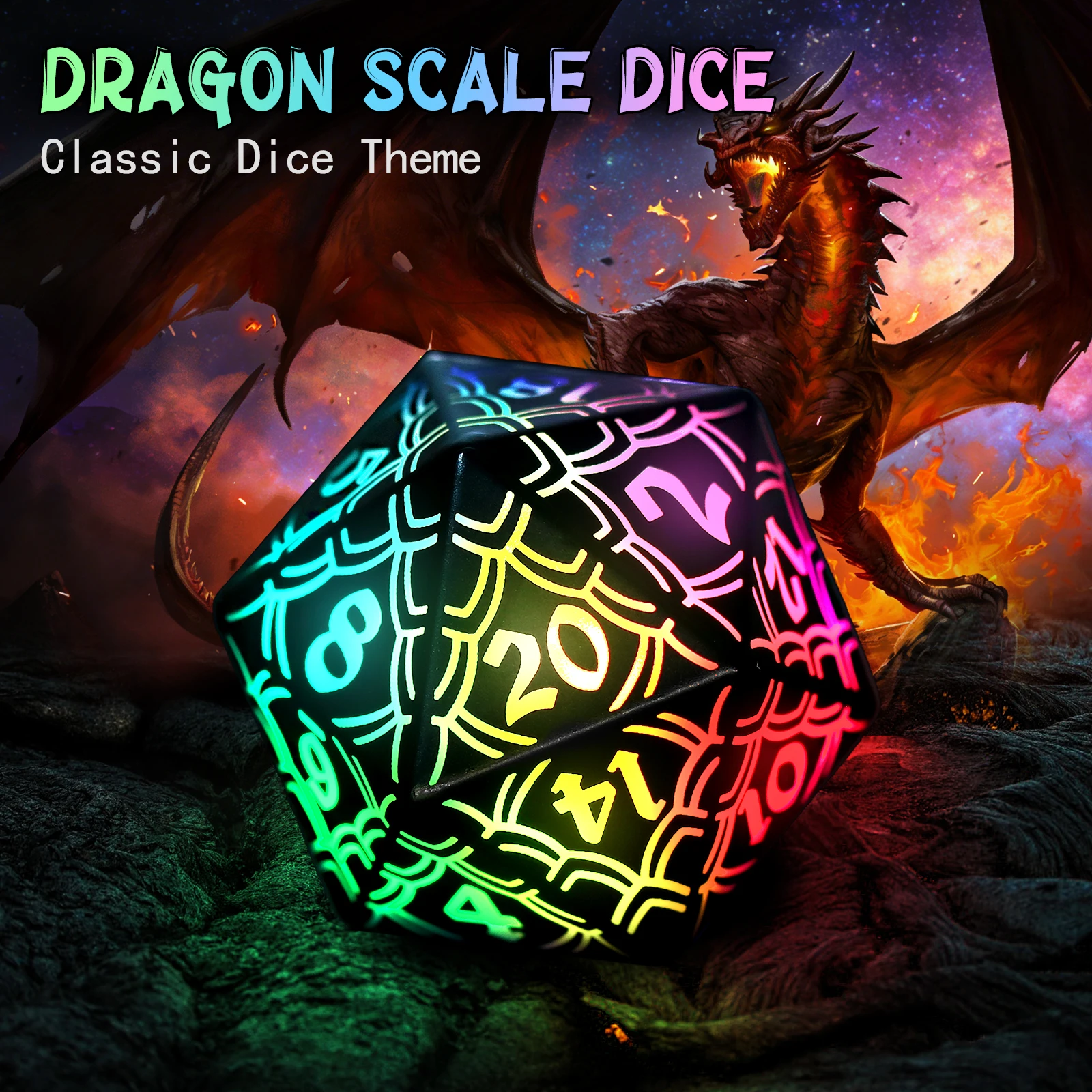 LED Dice Wireless Charging, DND Dice Dragon Scales Dice Rechargeable RGB Light up Dice Role Playing Gifts - Detail 1
