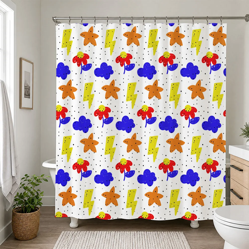 Cute Watercolor Flower Star Lightning Pattern Shower Curtain Waterproof Bathroom Liner Home Decor Accent Fun Whimsical Shower St