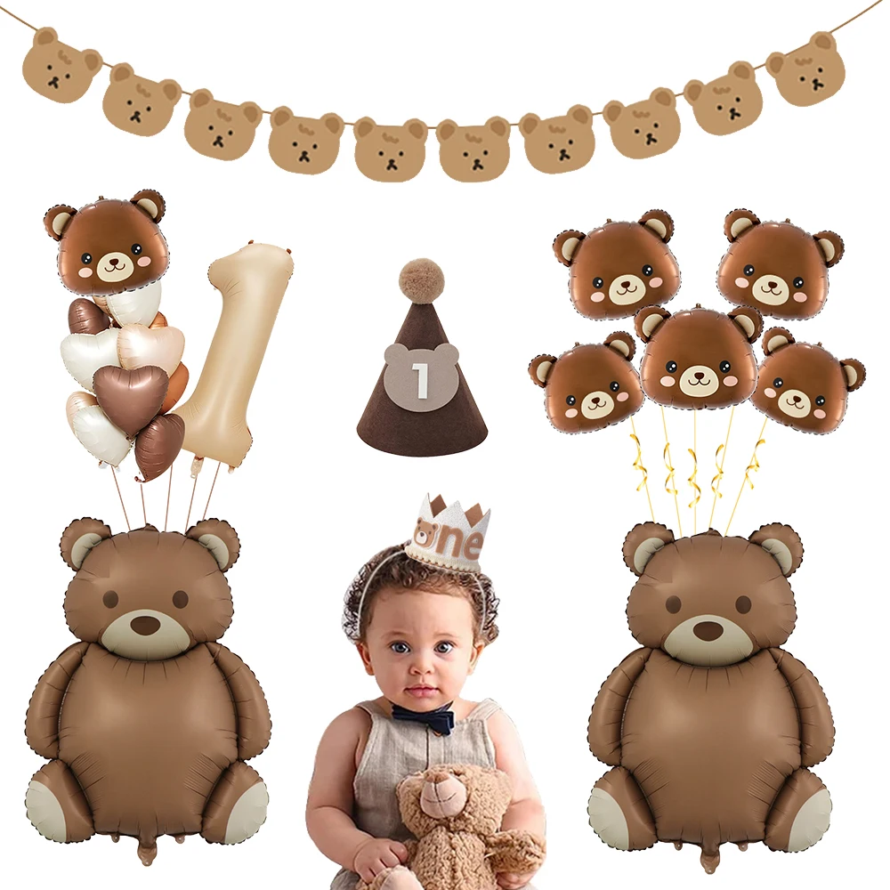 Coffee Brown Teddy Bear Balloon Number Heart Balloon set kids girls Birthday Party Decor balloon wedding Baby Shower party decor