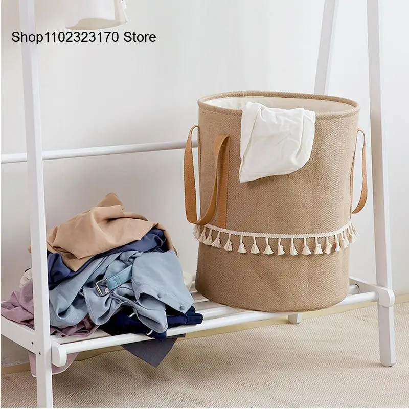 Cotton Linen Tassel Fabric Storage Bucket Foldable Ultra-Large Capacity Toy and Miscellaneous Storage Basket