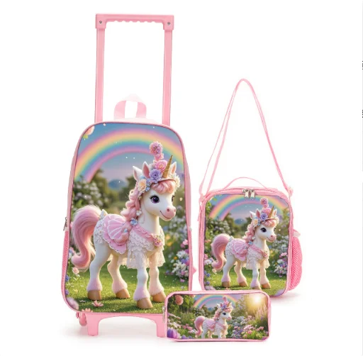 Kindergarten Rolling Backpack with Lunch Bag Pencil Case Set Children Cartoon Toddler Luggage Bag Children's School Rolling Bag