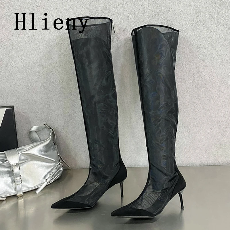 

Hlieny Spring Sexy Fashion Mesh Women Knee-High Boots Very Light Comfort Thin High Heels Pointed Toe Dancing Sandals Shoes