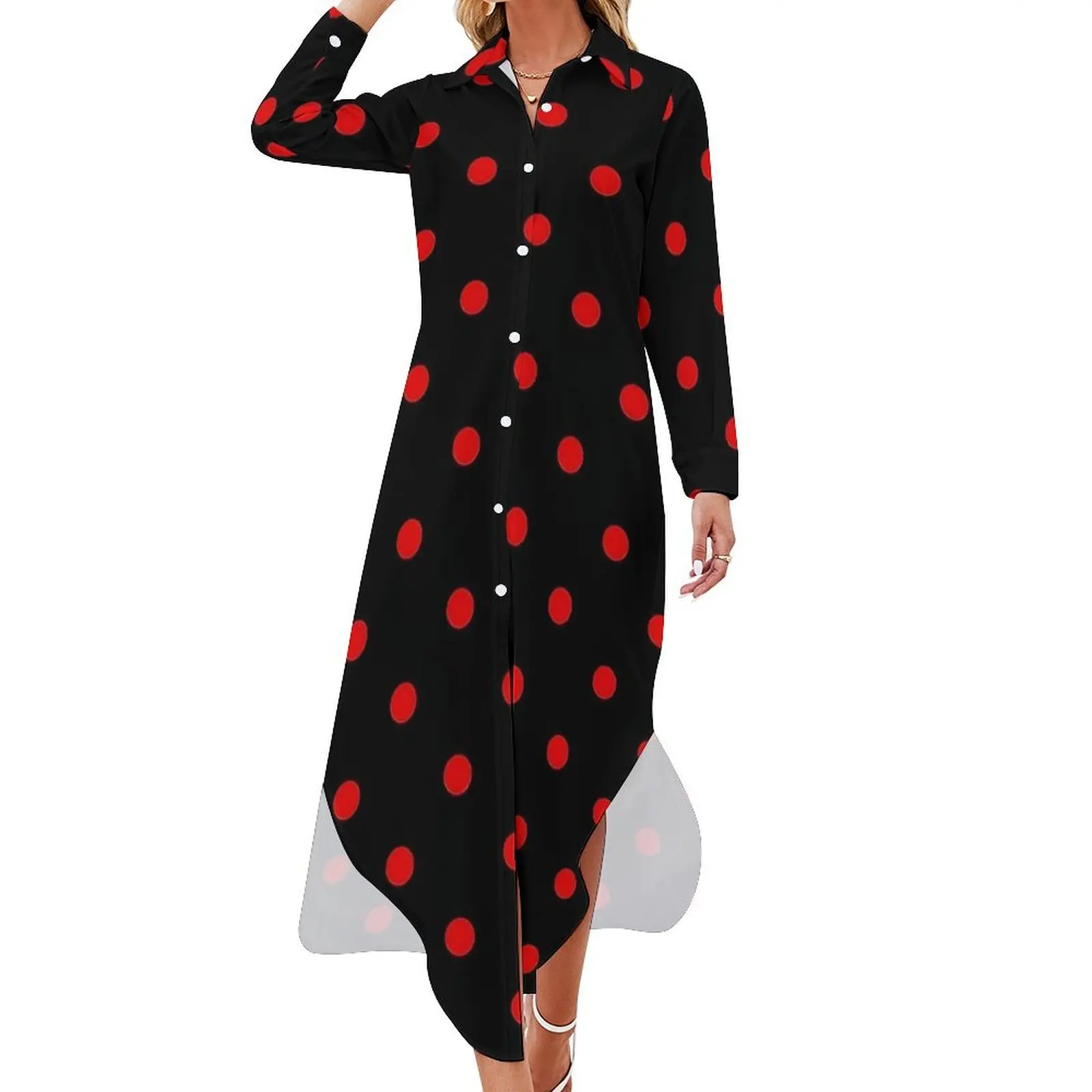 Red And Black Polka Dots Casual Dress  Street Wear Dresses Sexy V Neck Modern Chiffon Dress Long Sleeve Vestidos Big Size 5XL