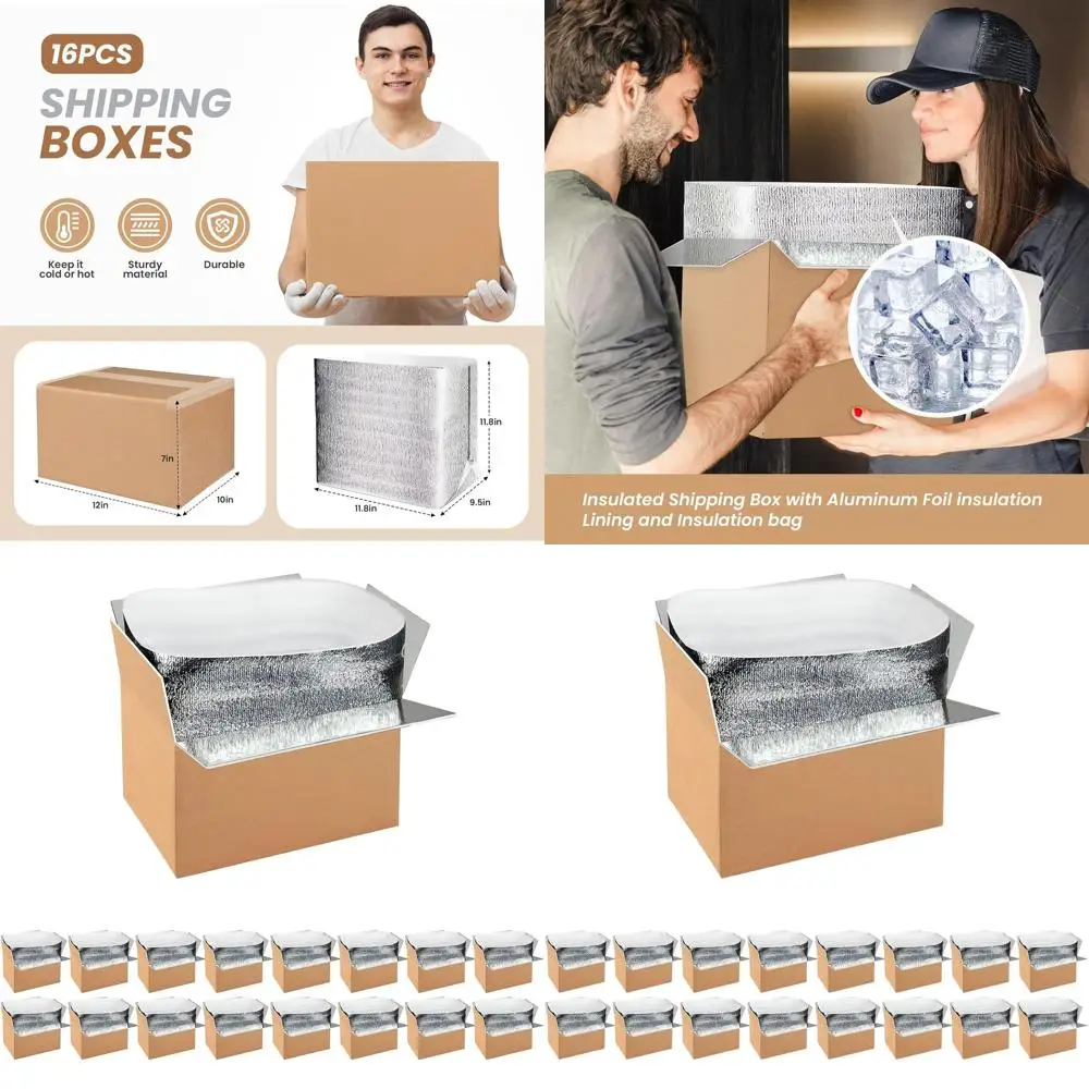 

16-Pack Insulated Shipping Boxes with Oil Liner, Thermal Cold Packs, Reusable Foam Coolers, Small Mailers, 12x10x7