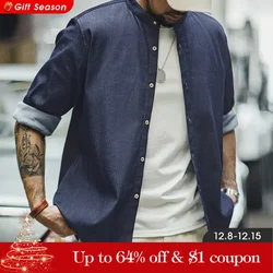 Maden Vintage Single-breasted Denim Shirt with Washed Round Neck Casual Solid Color Long-sleeved Shirts for Men's Autumn