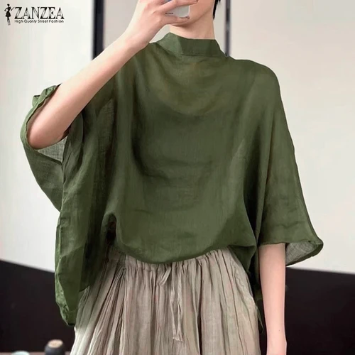 ZANZEA, blusa de media manga de murciélago para mujer, Tops asimétricos de otoño, Túnica fina con cuello levantado, Tops informales sueltos transparentes de gran tamaño