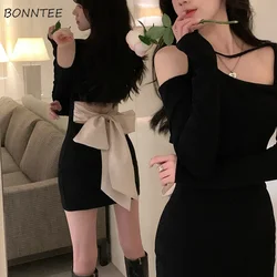 Sexy Black Mini Dress Women Off Shoulder Pure Slit Bow Hollow Out Design Skinny Irregular Attractive Ulzzang Girls Aesthetic