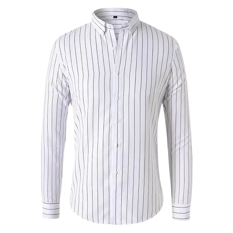 Camisa de manga larga a rayas azules y blancas para hombre, vestido de moda, ajuste estándar, blusa con botones, nuevo