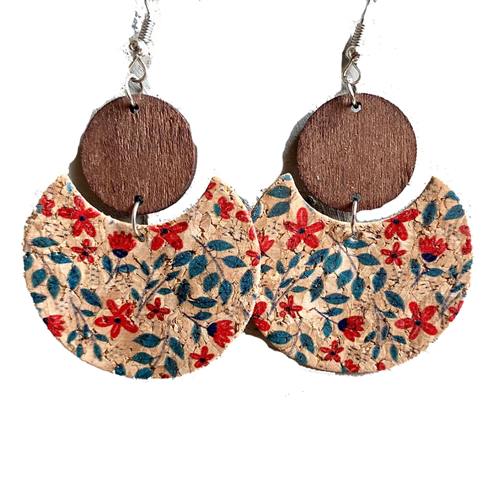 

8pairs/lot Boho Floral Earrings Cork Moon Shaped Dangle Earrings Ear Clip Two Layer Round Wood Drop For Lady