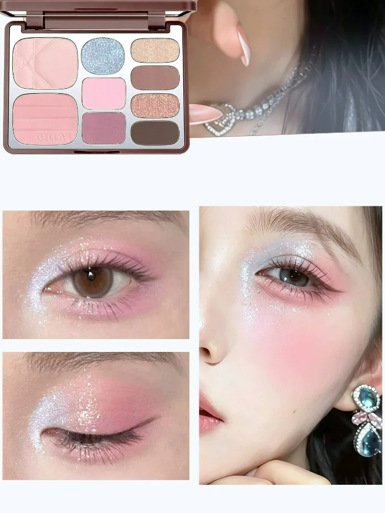 Gella's 9Color Eyeshadow Earth Color Pearlescent Glitter Shimmer Highlights Sparkling Sequin Long-lasting Eyes Face Makeup