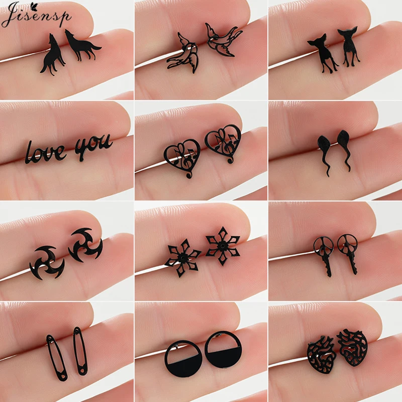 Trendy Black Stainless Steel Animal Stud Earrings Women Men Multiple Darts Dog Pin Heart Earings LOVE YOU Ear Studs Pendientes