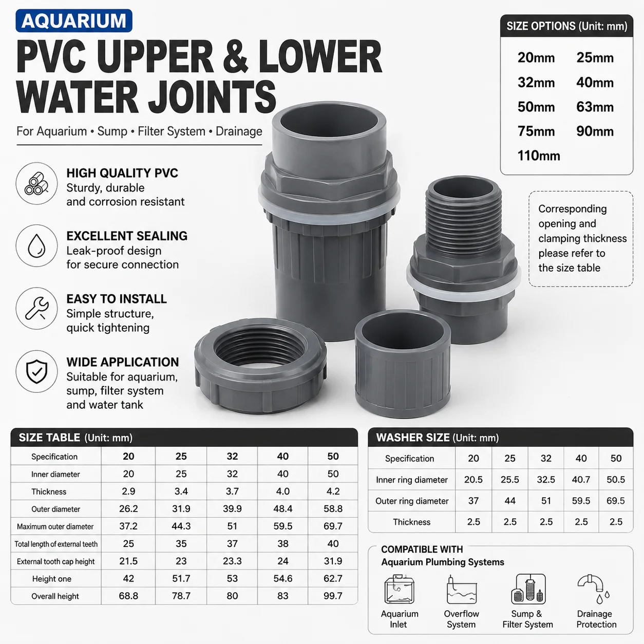 Extended PVC Aquarium Pipe Connector, Male Female Thread Fitting for Water Tank and Overflow Plumbing, 20 25 32 40 50mm
