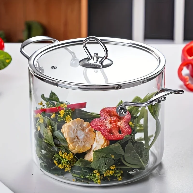 5,5 l Glastopf mit Deckel, Glaskocher, Suppentopf mit großem Volumen, Suppentopf aus Borosilikatglas mit zwei Ohren, Edelstahl