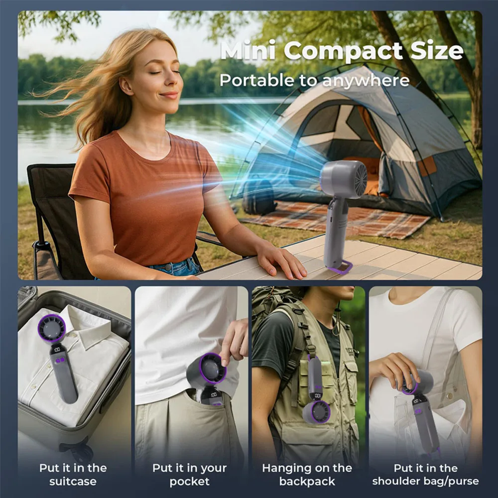 Handheld Mini Fan Foldable Portable Neck Hanging Fans 5 Speed USB Rechargeable Fan with Phone Stand and Display Screen