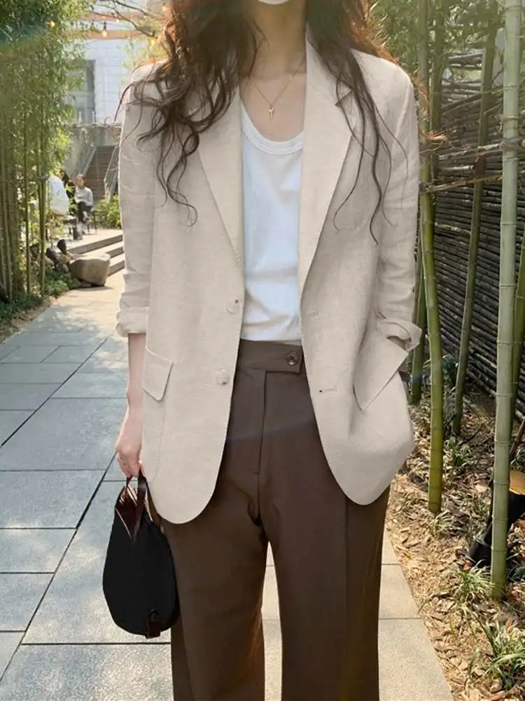 ZANZEA Autumn Blazer Fashion Women Casual Solid Cotton Blazer Lapel Neck Long Sleeve Thin Outwear Office Work Suits Coat Jackets