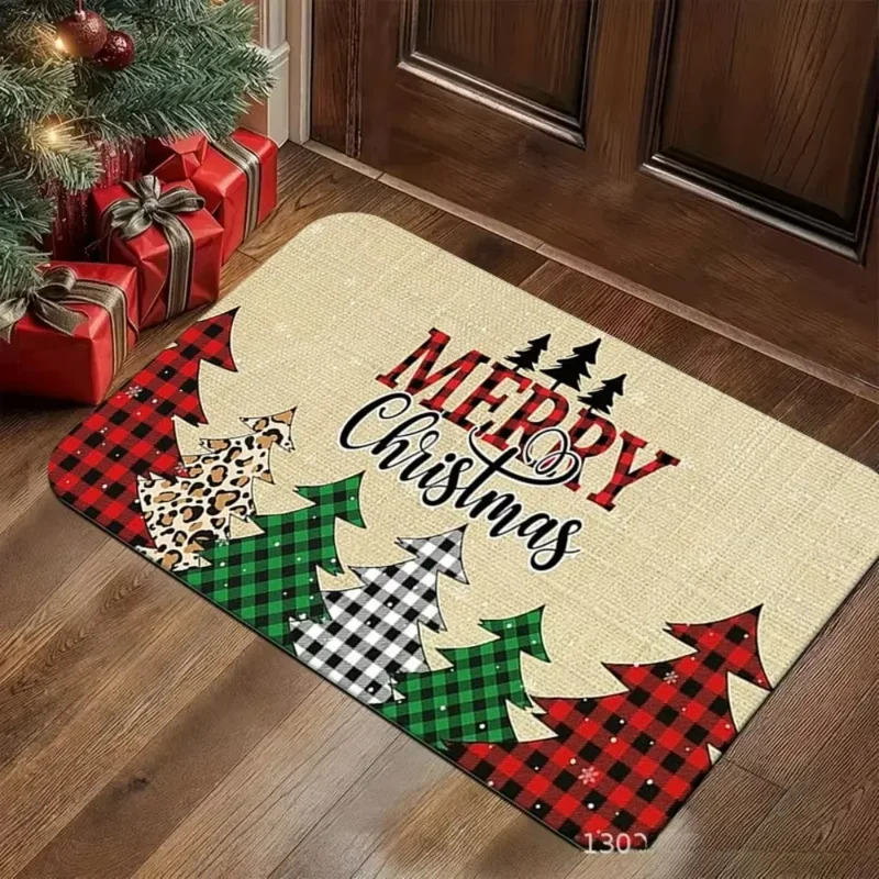 VIKAMA Christmas Crystal Velvet Door Mat Gingerbread Train Candy Cane Tree Print Non Slip Mat For Front Door Porch Entry Decor