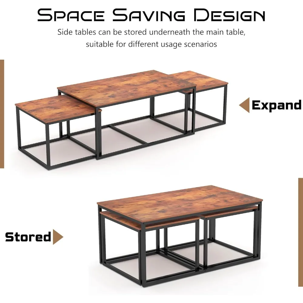 Nesting Coffee Tables,3 Piece Living Room Coffee Table,Industrial Rectangular Coffee Table Set,End Table Side Tables For Living