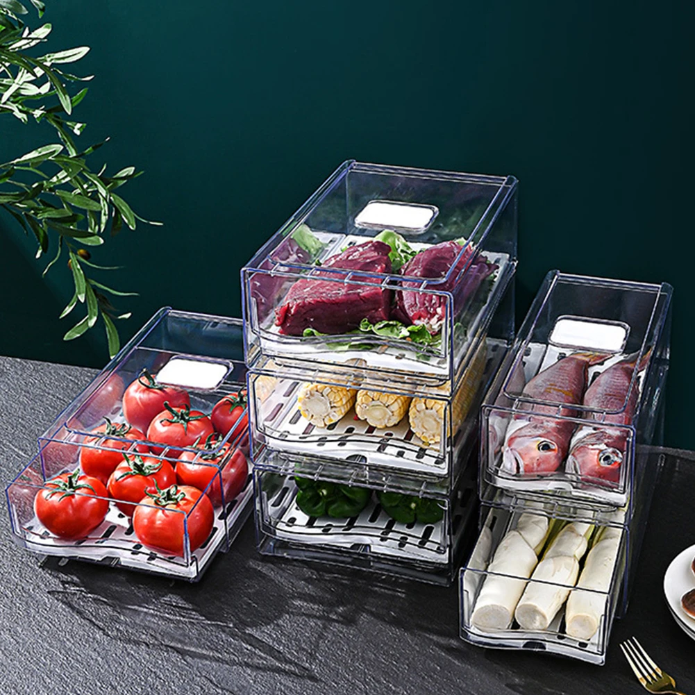 ห้องครัวตู้เย็นกล่องเก็บลิ้นชัก-ประเภทSTACKABLEตู้เย็นก้อนReusableสําหรับอาหารไข่เนื้อStorage