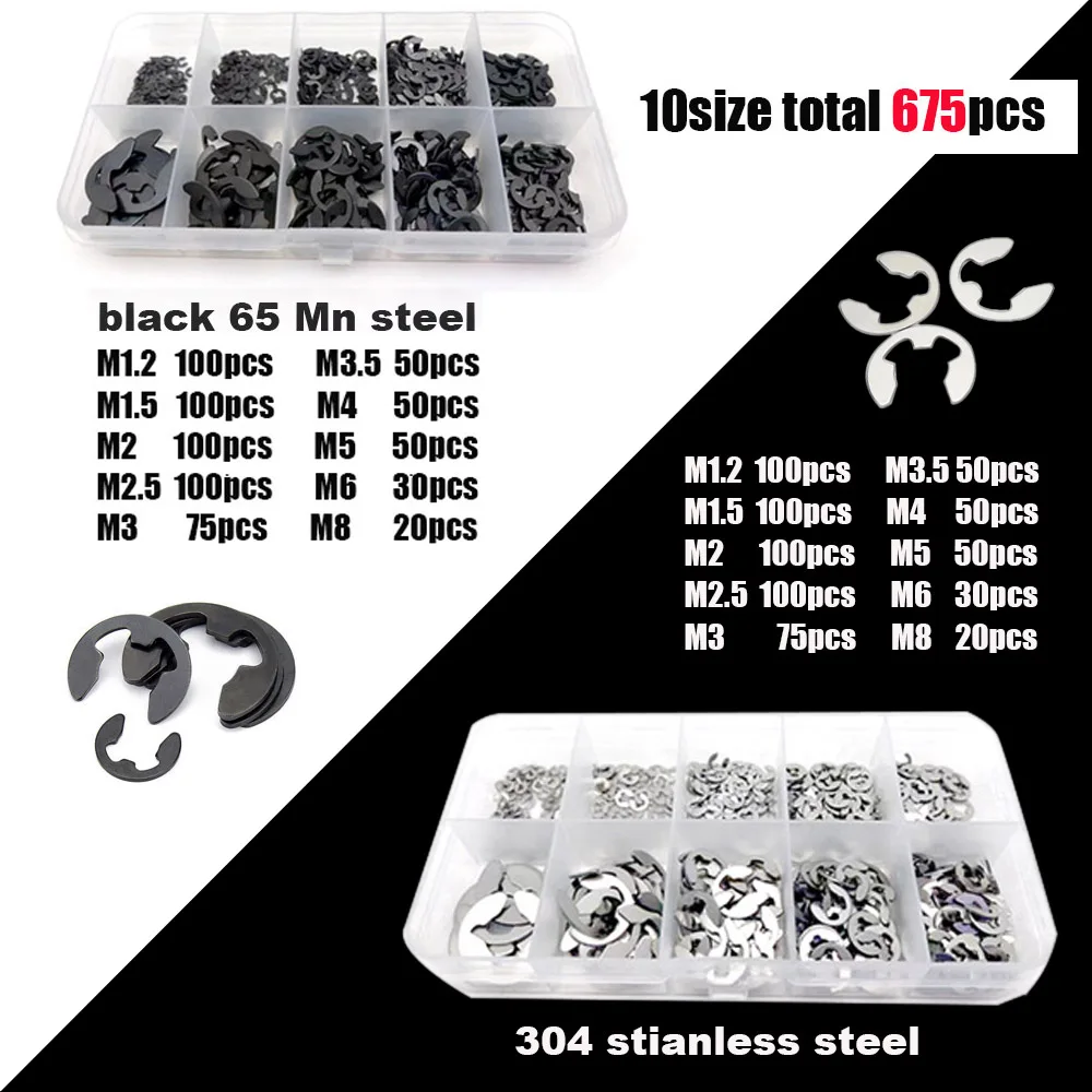 

675pcs/set M1.2~M8 Assortment Box Kit Black 65Mn 304 Stainless Steel Shaft External Retaining Ring E Clip Snap Circlip Washer