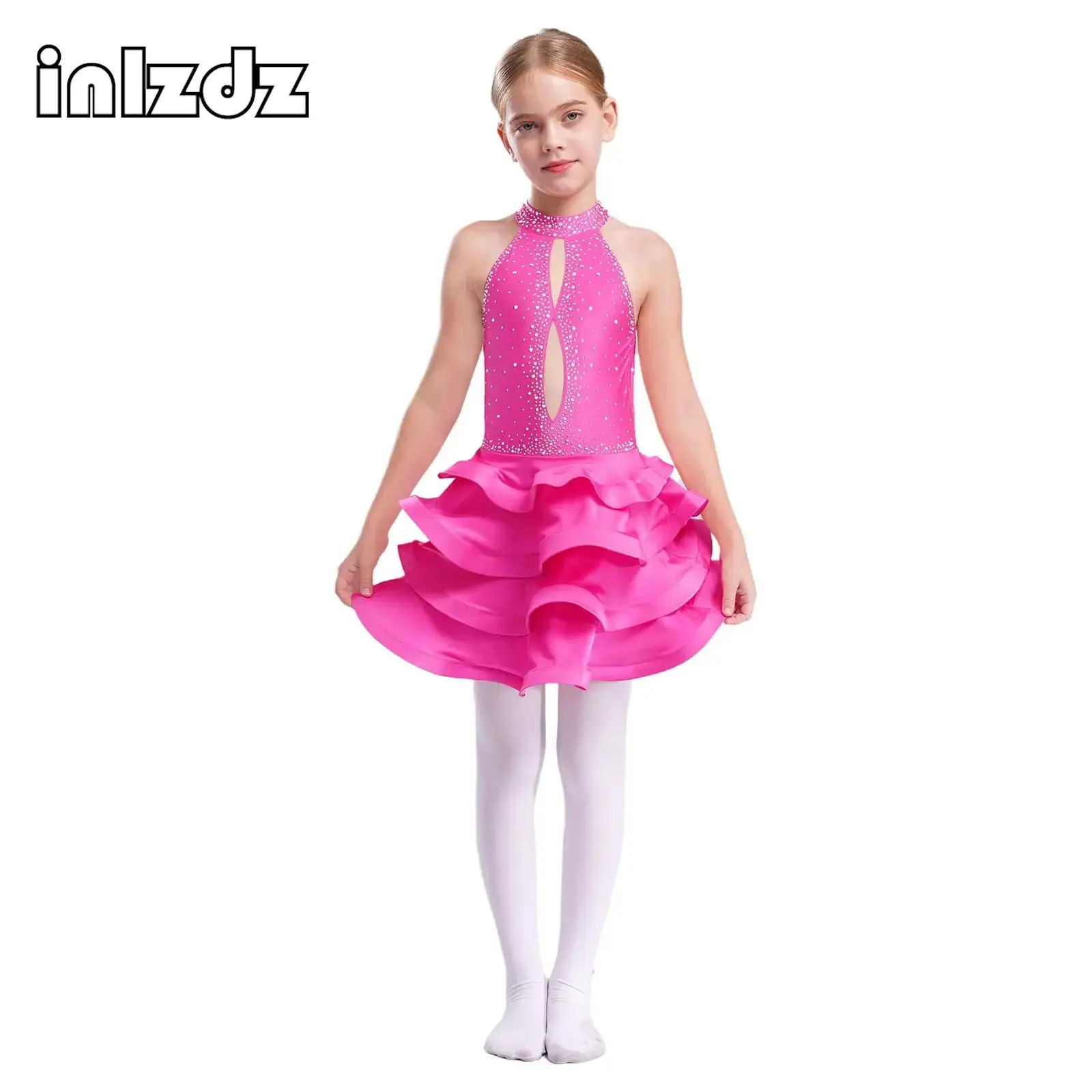 

Kids Girls Latin Dance Dress Sleeveless Straps Backless Shiny Rhinestones Built-in Briefs Tiered Dress Performance Costume
